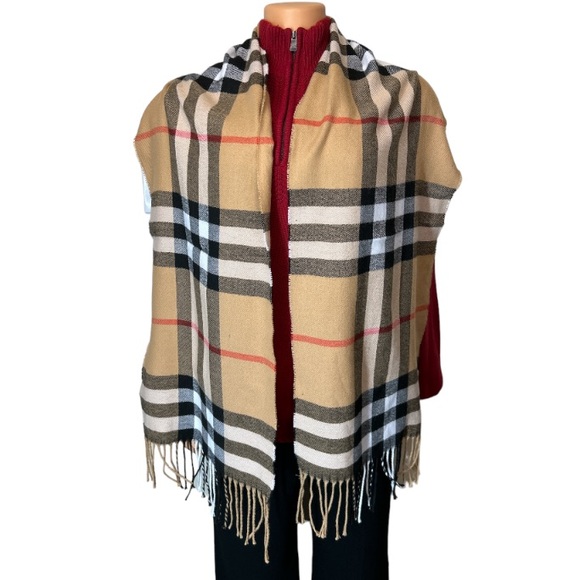 Tartan Plaid Scarf with fringe oblong 100% acrylic. tan white black 70 X 13 new - Picture 5 of 11